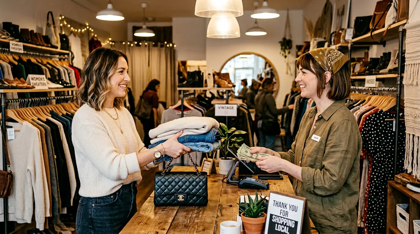 Buyer and seller meeting up and exchanging items for cash